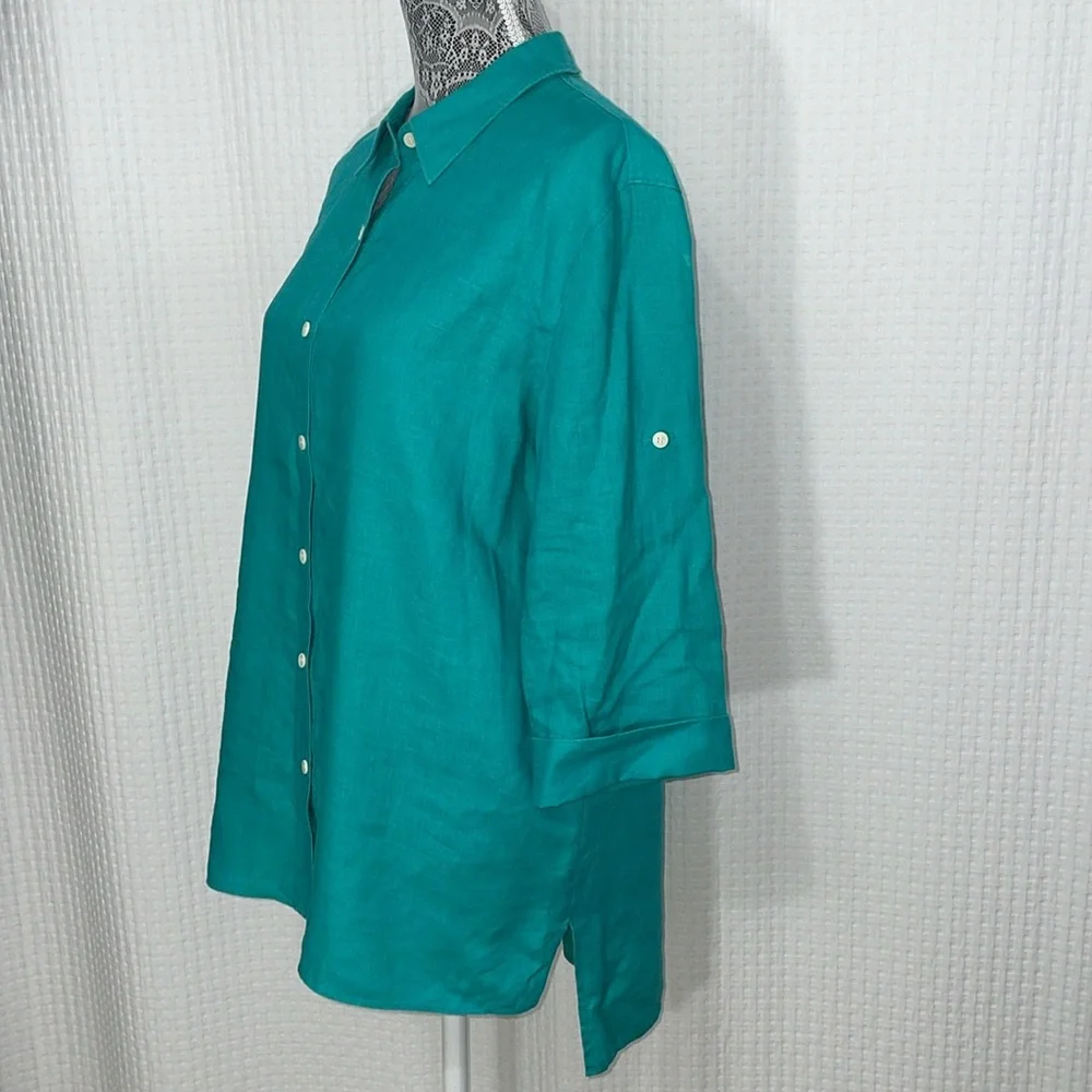 Lafayette 148 New York women's Size 10 teal green linen button up‎ shirt. - Picture 2 of 8
